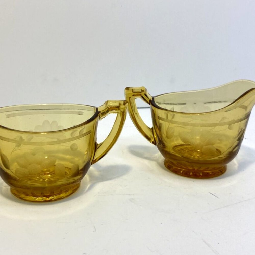 Vintage Amber Etched Floral Vine Deco Handle Depression Glass Sugar & Cream Set